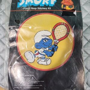Vintage New Wonder Art #5050 Tennis Smurf 7" Hoop Stitchery Kit, brand new